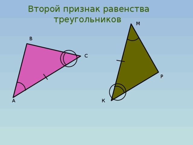 Второй признак равенства треугольников М В С Р А К