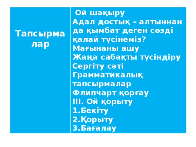 Ой шақыру Адал достық – алтыннан да қымбат деген сөзді қалай түсінеміз? Тапсырмалар Мағынаны ашу Жаңа сабақты түсіндіру Сергіту сәті Грамматикалық тапсырмалар Флипчарт қорғау III. Ой қорыту 1.Бекіту 2.Қорыту 3.Бағалау