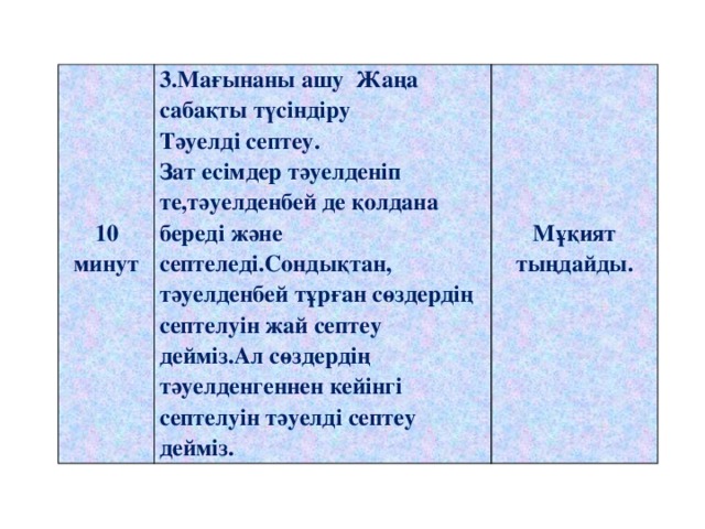 3.Мағынаны ашу Жаңа сабақты түсіндіру  Тәуелді септеу.   Зат есімдер тәуелденіп те,тәуелденбей де қолдана береді және септеледі.Сондықтан, тәуелденбей тұрған сөздердің септелуін жай септеу дейміз.Ал сөздердің тәуелденгеннен кейінгі септелуін тәуелді септеу дейміз.    10 минут   Мұқият тыңдайды.