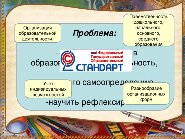 Преемственность дошкольного, начального, основного, среднего образования Проблема:  - включить ученика в образовательную деятельность, -помочь его самоопределению,  -научить рефлексировать Организация образовательной деятельности Достижение планируемых результатов ООП НОО Учет индивидуальных возможностей Разнообразие организационных форм