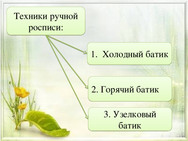 Техники ручной росписи: 1. Холодный батик 2. Горячий батик 3. Узелковый батик