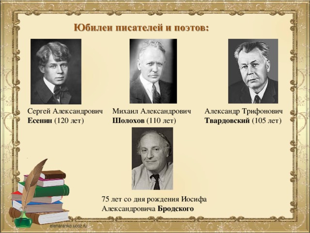 Сергей Александрович Михаил Александрович Александр Трифонович Твардовский (105 лет) Есенин (120 лет) Шолохов (110 лет) 75 лет со дня рождения Иосифа Александровича Бродского