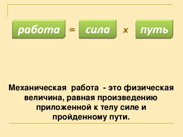 = х Механическая работа - это физическая величина, равная произведению приложенной к телу силе и пройденному пути.