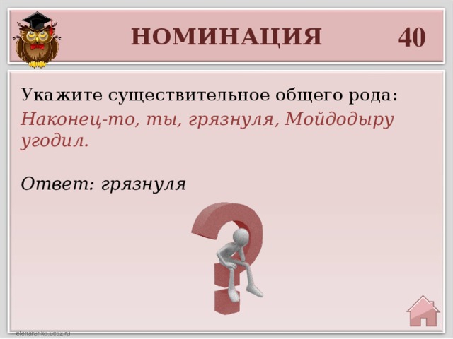 40 НОМИНАЦИЯ Укажите существительное общего рода: Наконец-то, ты, грязнуля, Мойдодыру угодил. Ответ: грязнуля