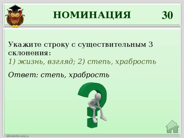 30 НОМИНАЦИЯ Укажите строку с существительным 3 склонения: 1) жизнь, взгляд; 2) степь, храбрость Ответ: степь, храбрость