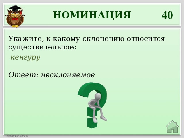 40 НОМИНАЦИЯ Укажите, к какому склонению относится существительное:  кенгуру Ответ: несклоняемое