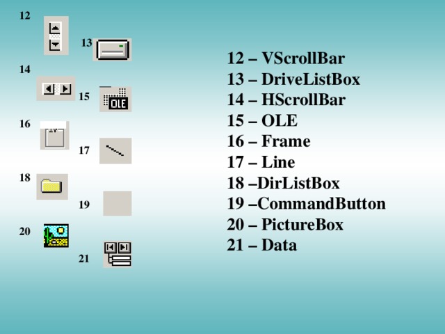 1 2   13  14   15  16   17  18   19  20   21 12 – VScrollBar 13 – DriveListBox 14 – HScrollBar 15 – OLE 16 – Frame 17 – Line 18 –DirListBox 19 –CommandButton 20 – PictureBox 21 – Data