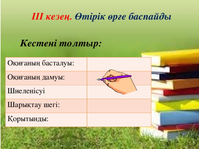 ІІІ кезең. Өтірік өрге баспайды Кестені толтыр: Оқиғаның басталуы: Оқиғаның дамуы: Шиеленісуі Шарықтау шегі: Қорытынды: