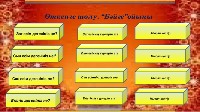 Өткенге шолу. “Бәйге”ойыны Мысал келтір Зат есім дегеніміз не? Зат есімнің түрлерін ата Сын есімнің түрлерін ата  Мысал келтір Сын есім дегеніміз не ?  Сан есім дегеніміз не?  Мысал келтір Сан есімнің түрлерін ата Етістіктің түрлерін ата Мысал келтір  Етістік дегеніміз не?