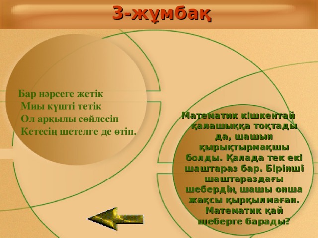 3-жұмбақ Бар нәрсеге жетік  Миы күшті тетік  Ол арқылы сөйлесіп  Кетесің шетелге де өтіп. Математик кішкентай қалашыққа тоқтады да, шашын қырықтырмақшы болды. Қалада тек екі шаштараз бар. Бірінші шаштараздағы шебердің шашы онша жақсы қырқылмаған. Математик қай шеберге барады?