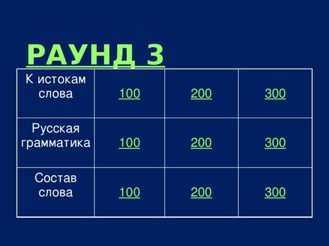 РАУНД 3 К истокам слова 100 200 300 Русская грамматика 100 200 300 Состав слова 100 200 300