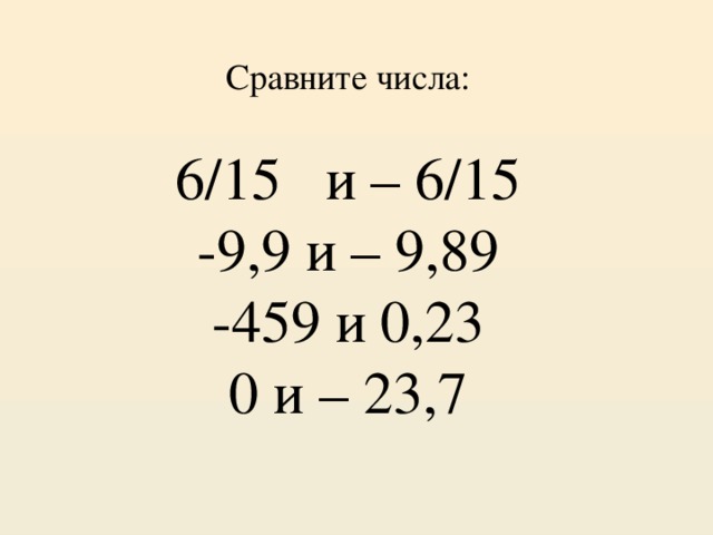 Сравните числа: 6/15 и – 6/15 -9,9 и – 9,89 -459 и 0,23 0 и – 23,7