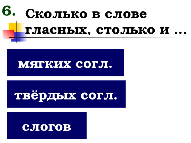 6. Сколько в слове гласных, столько и ... мягких согл. твёрдых согл. слогов