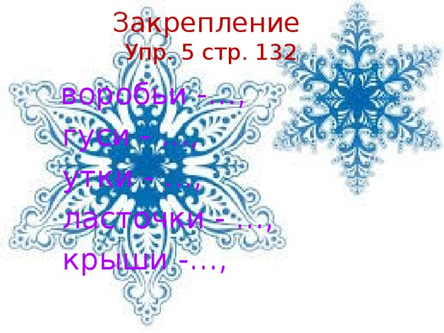 Закрепление  Упр. 5 стр. 132  воробьи -…,  гуси - …,  утки - …,  ласточки - …,  крыши -…, деревни - …, снежинки - …, грядки - …, звездочки - …, огороды - …,