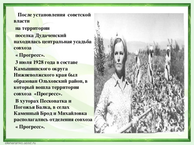 После установления советской власти  на территории  поселка Дудаченский находилась центральная усадьба совхоза  « Прогресс».  3 июля 1928 года в составе Камышинского округа Нижневолжского края был образован Ольховский район, в который вошла территория совхоза «Прогресс».  В хуторах Песковатка и Погожья Балка, в селах Каменный Брод и Михайловка располагались отделения совхоза  « Прогресс».
