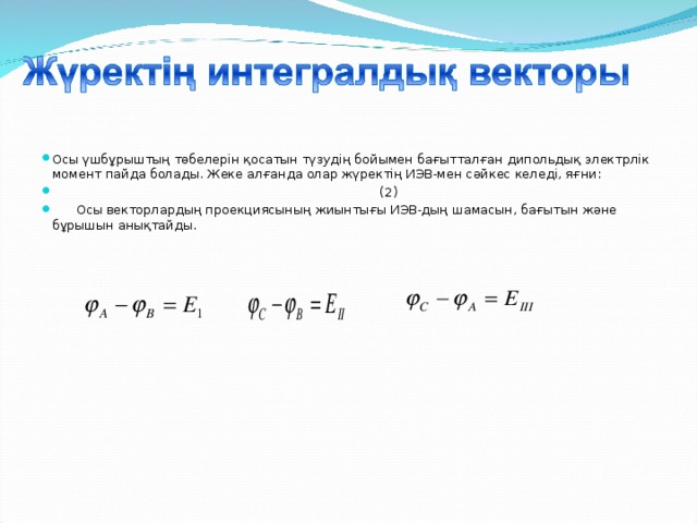 Осы үшбұрыштың төбелерін қосатын түзудің бойымен бағытталған дипольдық электрлік момент пайда болады. Жеке алғанда олар жүректің ИЭВ-мен сәйкес келеді, яғни:  (2)  Осы векторлардың проекциясының жиынтығы ИЭВ-дың шамасын, бағытын және бұрышын анықтайды.