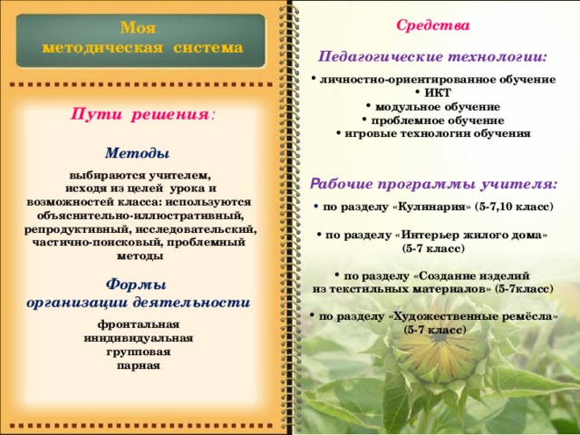 Средства Моя методическая система Педагогические технологии:   личностно-ориентированное обучение  ИКТ  модульное обучение  проблемное обучение  игровые технологии обучения   Пути решения : Методы  выбираются учителем, исходя из целей урока и возможностей класса: используются объяснительно-иллюстративный, репродуктивный, исследовательский, частично-поисковый, проблемный методы Р абочие программы учителя:   по разделу «Кулинария» (5-7,10 класс)   по разделу «Интерьер жилого дома» (5-7 класс)   по разделу «Создание изделий из текстильных материалов» (5-7класс)   по разделу «Художественные ремёсла»  (5-7 класс)  Формы организации деятельности фронтальная инидивидуальная групповая парная