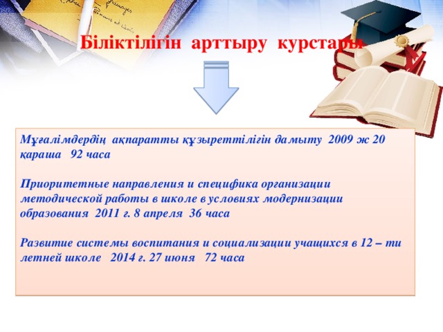 Біліктілігін арттыру курстары Мұғалімдердің ақпаратты құзыреттілігін дамыту 2009 ж 20 қараша 92 часа  Приоритетные направления и специфика организации методической работы в школе в условиях модернизации образования 2011 г. 8 апреля 36 часа  Развитие системы воспитания и социализации учащихся в 12 – ти летней школе 2014 г. 27 июня 72 часа   .