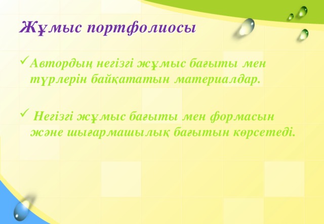 Жұмыс портфолиосы Автордың негізгі жұмыс бағыты мен түрлерін байқататын материалдар.