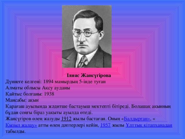 Ілияс Жансүгірова Дүниеге келгені: 1894 мамырдың 5-інде туған  Алматы облысы Ақсу ауданы  Қайтыс болғаны: 1938  Мансабы: ақын Қарағаш ауылында жәдитше бастауыш мектепті бітіреді. Болашақ ақынның бұдан соңғы біраз уақыты ауылда өтеді. Жансүгіров өлең жазуды 1912 жылы бастаған. Оның « Балдырған» , « Қызыл жалау» атты өлең дәптерлері кейін, 1957 жылы Ұлттық кітапханадан табылды.