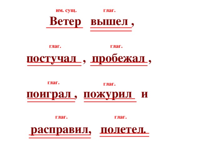 Ветер вышел ,  постучал , пробежал ,  поиграл , пожурил и   расправил, полетел .  глаг. им. сущ. глаг . глаг. глаг . глаг. глаг . глаг .