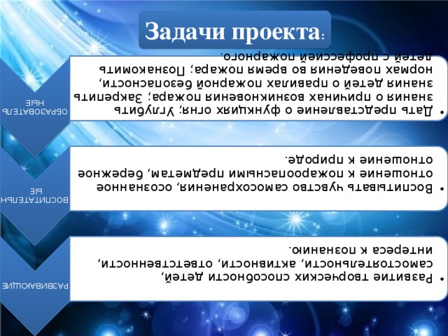 ОБРАЗОВАТЕЛЬНЫЕ Дать представление о функциях огня; Углубить знания о причинах возникновения пожара; Закрепить знания детей о правилах пожарной безопасности, нормах поведения во время пожара; Познакомить детей с профессией пожарного. Дать представление о функциях огня; Углубить знания о причинах возникновения пожара; Закрепить знания детей о правилах пожарной безопасности, нормах поведения во время пожара; Познакомить детей с профессией пожарного. ВОСПИТАТЕЛЬНЫЕ Воспитывать чувство самосохранения, осознанное отношение к пожароопасными предметам, бережное отношение к природе. Воспитывать чувство самосохранения, осознанное отношение к пожароопасными предметам, бережное отношение к природе. РАЗВИВАЮЩИЕ Развитие творческих способности детей, самостоятельности, активности, ответственности, интереса к познанию. Развитие творческих способности детей, самостоятельности, активности, ответственности, интереса к познанию. Задачи проекта :