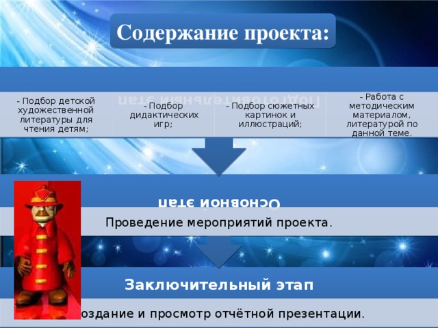 Основной этап Подготовительный этап Содержание проекта: - Подбор детской художественной литературы для чтения детям; - Подбор  дидактических игр; - Подбор сюжетных картинок и иллюстраций; - Работа с методическим материалом, литературой по данной теме. Проведение мероприятий проекта. Заключительный этап Создание и просмотр отчётной презентации.