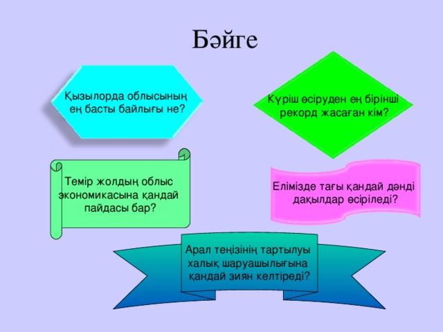 Бәйге Қызылорда облысының ең басты байлығы не? Күріш өсіруден ең бірінші  рекорд жасаған кім? Темір жолдың облыс экономикасына қандай пайдасы бар? Елімізде тағы қандай дәнді дақылдар өсіріледі? Арал теңізінің тартылуы халық шаруашылығына қандай зиян келтіреді?