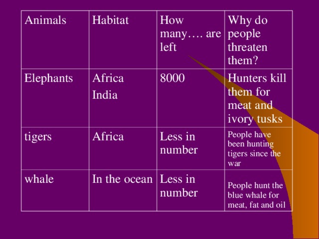 Animals Habitat Elephants Africa India tigers How many…. are left Africa Why do people threaten them? 8000 whale Hunters kill them for meat and ivory tusks Less in number In the ocean People have been hunting tigers since the war Less in number People hunt the blue whale for meat, fat and oil