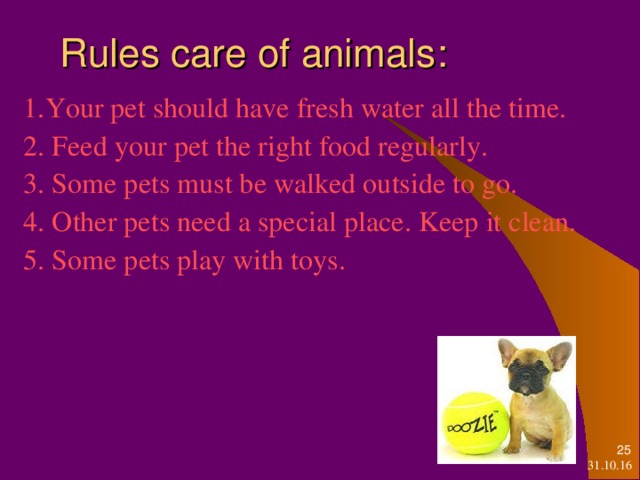 Rules care of animals : 1. Your pet should have fresh water all the time. 2. Feed your pet the right food regularly. 3. Some pets must be walked outside to go. 4. Other pets need a special place. Keep it clean. 5. Some pets play with toys.   31.10.16