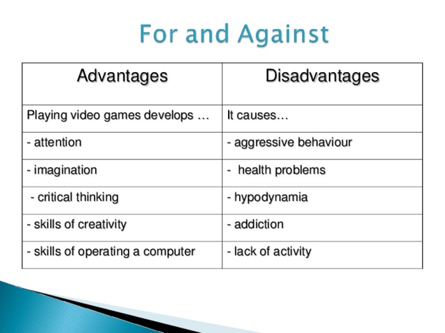 Advantages Disadvantages Playing video games develops … It causes… - attention - aggressive behaviour - imagination - health problems  - critical thinking - hypodynamia - skills of creativity - addiction - skills of operating a computer -  lack of activity