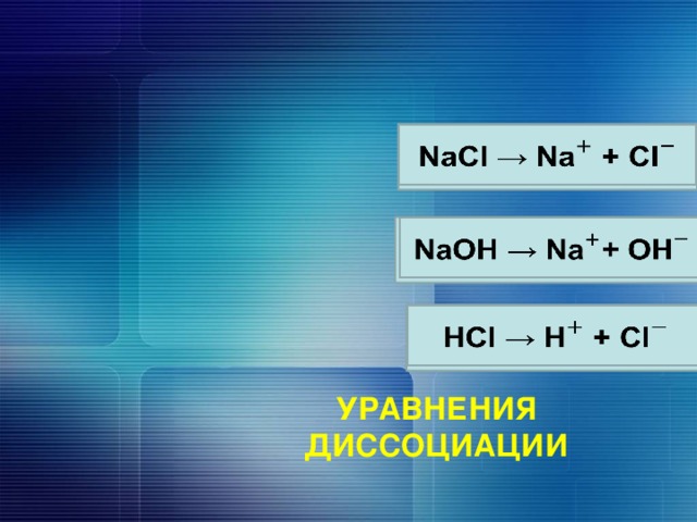 NaCl → +   NaOH → +   HCl → +   Уравнения диссоциации