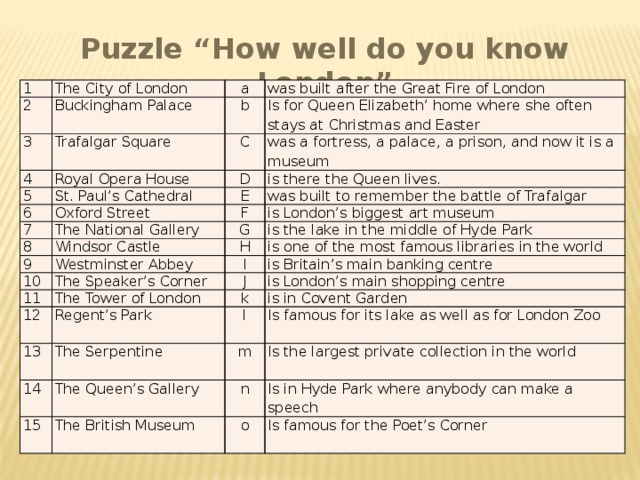 Puzzle “How well do you know London” 1 The City of London 2 Buckingham Palace 3 a 4 was built after the Great Fire of London b Trafalgar Square 5 Royal Opera House C Is for Queen Elizabeth’ home where she often stays at Christmas and Easter was a fortress, a palace, a prison, and now it is a museum St. Paul’s Cathedral 6 D is there the Queen lives. E Oxford Street 7 was built to remember the battle of Trafalgar F 8 The National Gallery is London’s biggest art museum 9 Windsor Castle G is the lake in the middle of Hyde Park Westminster Abbey H 10 11 is one of the most famous libraries in the world I The Speaker’s Corner The Tower of London 12 J is Britain’s main banking centre is London’s main shopping centre k Regent’s Park 13 14 is in Covent Garden l The Serpentine 15 The Queen’s Gallery m Is famous for its lake as well as for London Zoo Is the largest private collection in the world n The British Museum Is in Hyde Park where anybody can make a speech o Is famous for the Poet’s Corner