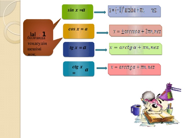 sin x = а  |a| 1 cos x = а болғанда теңдеудің шешімі  жоқ. tg x = а   а ctg x =