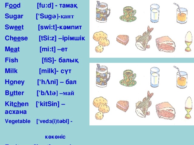 F oo d [f u:d] - тамақ Sugar [‘Sug ə]-қант Sw ee t [sw i:t]-кәмпит Ch ee se [tSi:z] –ірімшік M ea t [mi:t] –ет Fish [fiS]- балық Milk [milk]- сүт H o ney [‘h Λ ni] – бал B u tter [‘b Λ t ə] –май Kit ch en [‘kitSin] – асхана Vegetable [‘vedз(i)təbl] -  көкөніс Fruit [fru:t] –жеміс