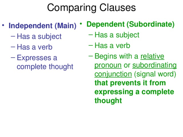 Comparing Clauses Dependent (Subordinate) Has a subject Has a verb Begins with a relative pronoun or subordinating conjunction (signal word) that prevents it from expressing a complete thought  Has a subject Has a verb Begins with a relative pronoun or subordinating conjunction (signal word) that prevents it from expressing a complete thought