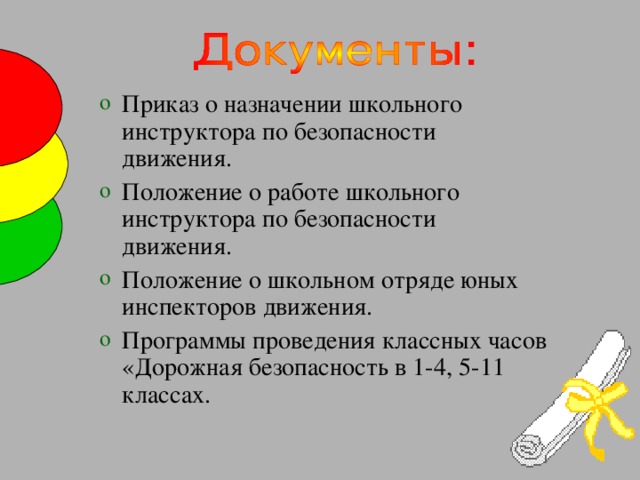 Приказ о назначении школьного инструктора по безопасности движения. Положение о работе школьного инструктора по безопасности движения. Положение о школьном отряде юных инспекторов движения. Программы проведения классных часов «Дорожная безопасность в 1-4, 5-11 классах.