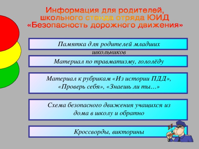 Памятка для родителей младших школьников Материал по травматизму, гололёду Материал к рубрикам «Из истории ПДД», «Проверь себя», «Знаешь ли ты…» Схема безопасного движения учащихся из дома в школу и обратно Кроссворды, викторины