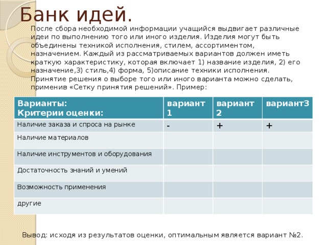 Банк идей.  После сбора необходимой информации учащийся выдвигает различные идеи по выполнению того или иного изделия. Изделия могут быть объединены техникой исполнения, стилем, ассортиментом, назначением. Каждый из рассматриваемых вариантов должен иметь краткую характеристику, которая включает 1) название изделия, 2) его назначение,3) стиль,4) форма, 5)описание техники исполнения. Принятие решения о выборе того или иного варианта можно сделать, применив «Сетку принятия решений». Пример: Вывод: исходя из результатов оценки, оптимальным является вариант №2. Варианты: Критерии оценки: вариант1 Наличие заказа и спроса на рынке - вариант2 Наличие материалов вариант3 + Наличие инструментов и оборудования + Достаточность знаний и умений Возможность применения другие