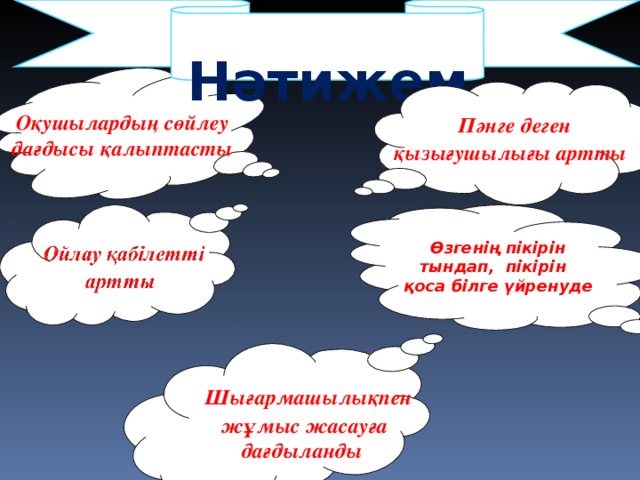 Нәтижем Өзгенің пікірін тындап, пікірін қоса білге үйренуде   Пәнге деген қызығушылығы артты Оқушылардың сөйлеу дағдысы қалыптасты    Шығармашылықпен жұмыс жасауға дағдыланды