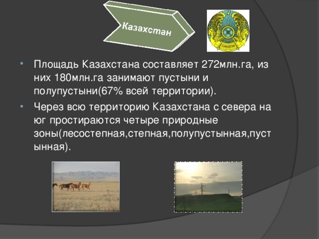 Площадь Казахстана составляет 272млн.га, из них 180млн.га занимают пустыни и полупустыни(67% всей территории). Через всю территорию Казахстана с севера на юг простираются четыре природные зоны(лесостепная,степная,полупустынная,пустынная).