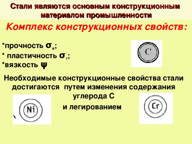 Стали являются основным конструкционным материалом промышленности Комплекс конструкционных свойств: *прочность σ в ; * пластичность σ т ; *вязкость ψ Необходимые конструкционные свойства стали достигаются путем изменения содержания углерода С и легированием