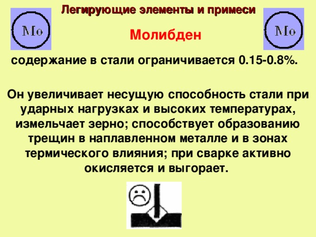 Легирующие элементы и примеси Молибден содержание в стали ограничивается 0.15-0.8%. Он увеличивает несущую способность стали при ударных нагрузках и высоких температурах, измельчает зерно; способствует образованию трещин в наплавленном металле и в зонах термического влияния; при сварке активно окисляется и выгорает.