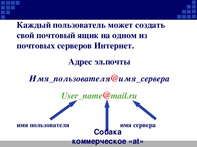 Каждый пользователь может создать свой почтовый ящик на одном из почтовых серверов Интернет. Адрес эл.почты Имя_пользователя @ имя_сервера User_name @ mail.ru  имя пользователя    имя сервера Собака коммерческое «at»