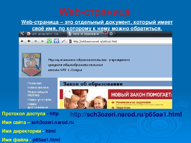 Web-страница Web-страница – это отдельный документ, который имеет своё имя, по которому к нему можно обратиться. http:// sch3ozeri.narod.ru/p65aa1.html Протокол доступа - http Имя сайта – sch3ozeri.narod.ru Имя директории - html Имя файла - p65aa1.html