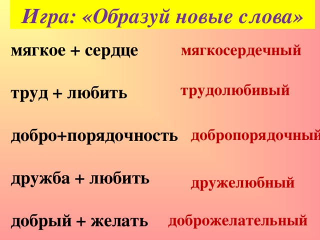 Игра: «Образуй новые слова» мягкое + сердце   труд + любить  добро+порядочность   дружба + любить  добрый + желать мягкосердечный трудолюбивый добропорядочный дружелюбный   доброжелательный