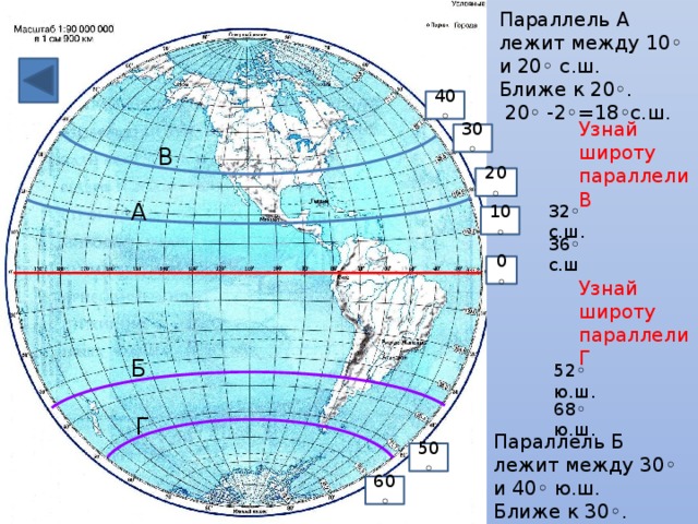 Параллель А лежит между 10◦ и 20◦ с.ш. Ближе к 20◦.  20◦ -2◦=18◦с.ш. 40◦ Узнай широту параллели В 30◦ В 20◦ А 32◦ с.ш. 10◦ 36◦ с.ш 0◦ Узнай широту параллели Г Б 52◦ ю.ш. 68◦ ю.ш. Г Параллель Б лежит между 30◦ и 40◦ ю.ш. Ближе к 30◦. 30◦ +4◦◦=34◦ю.ш. 50◦ 60◦