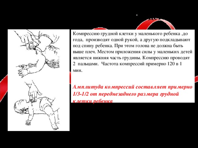 Особенность проведение СЛР у детей Компрессию грудной клетки у маленького ребенка , до года , производят одной рукой, а другую подкладывают под спину ребенка. При этом голова не должна быть выше плеч. Местом приложения силы у маленьких детей является нижняя часть грудины. Компрессию проводят 2 пальцами. Ч астота компрессий примерно 1 2 0 в 1 мин .   Амплитуда компрессий составляет примерно 1/3-1/2 от переднезаднего размера грудной клетки ребенка   Оказывающий помощь своим ртом плотно и герметично захватывает нос и рот ребенка   Достаточный объем каждого вдоха – это объем, обеспечивающий адекватные движения грудной клетки.