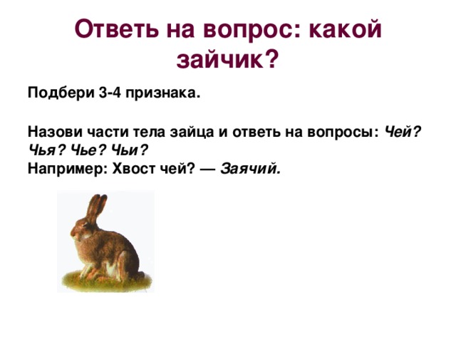 Ответь на вопрос: какой зайчик? Подбери 3-4 признака. Назови части тела зайца и ответь на вопросы: Чей? Чья? Чье? Чьи? Например: Хвост чей? — Заячий.