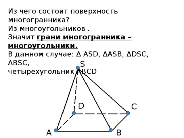 Из чего состоит поверхность многогранника? Из многоугольников . Значит грани многогранника – многоугольники. В данном случае: Δ ASD, ΔASB, ΔDSC, ΔBSC, четырехугольник ABCD S D C B A